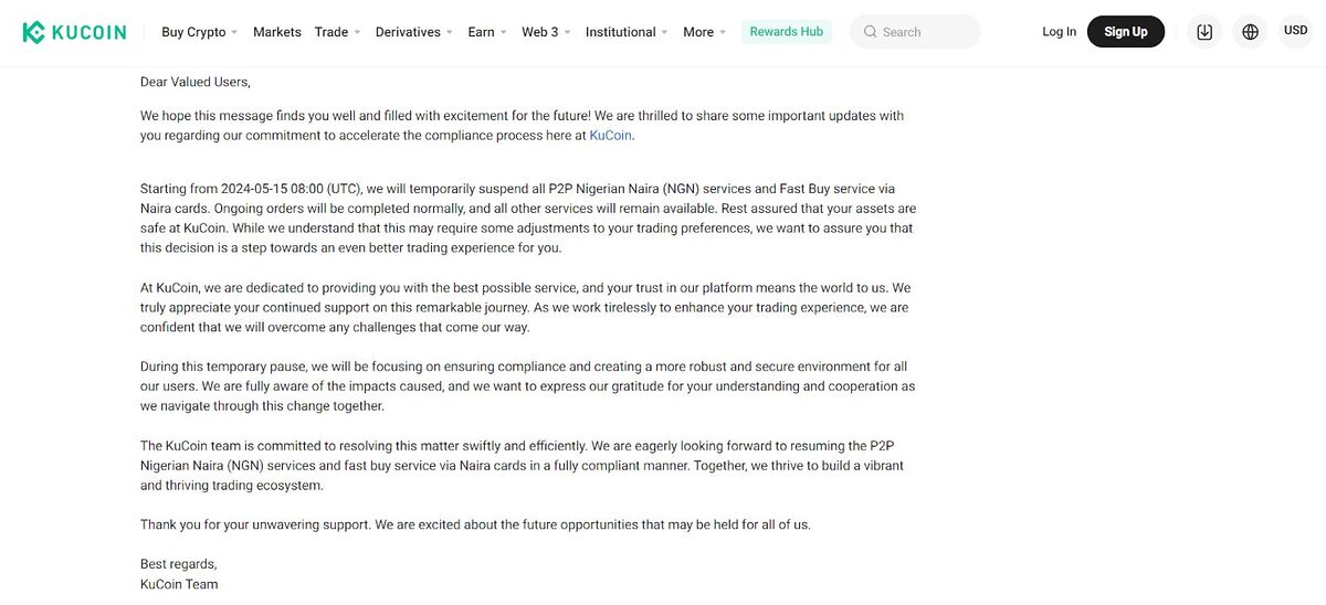 A screengrab of KuCoin’s message to Nigerians.