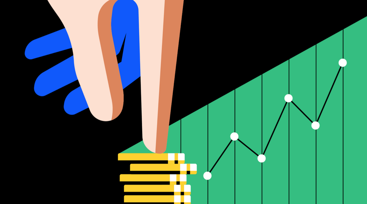 Vector art of a finger touching a pile of coins.
