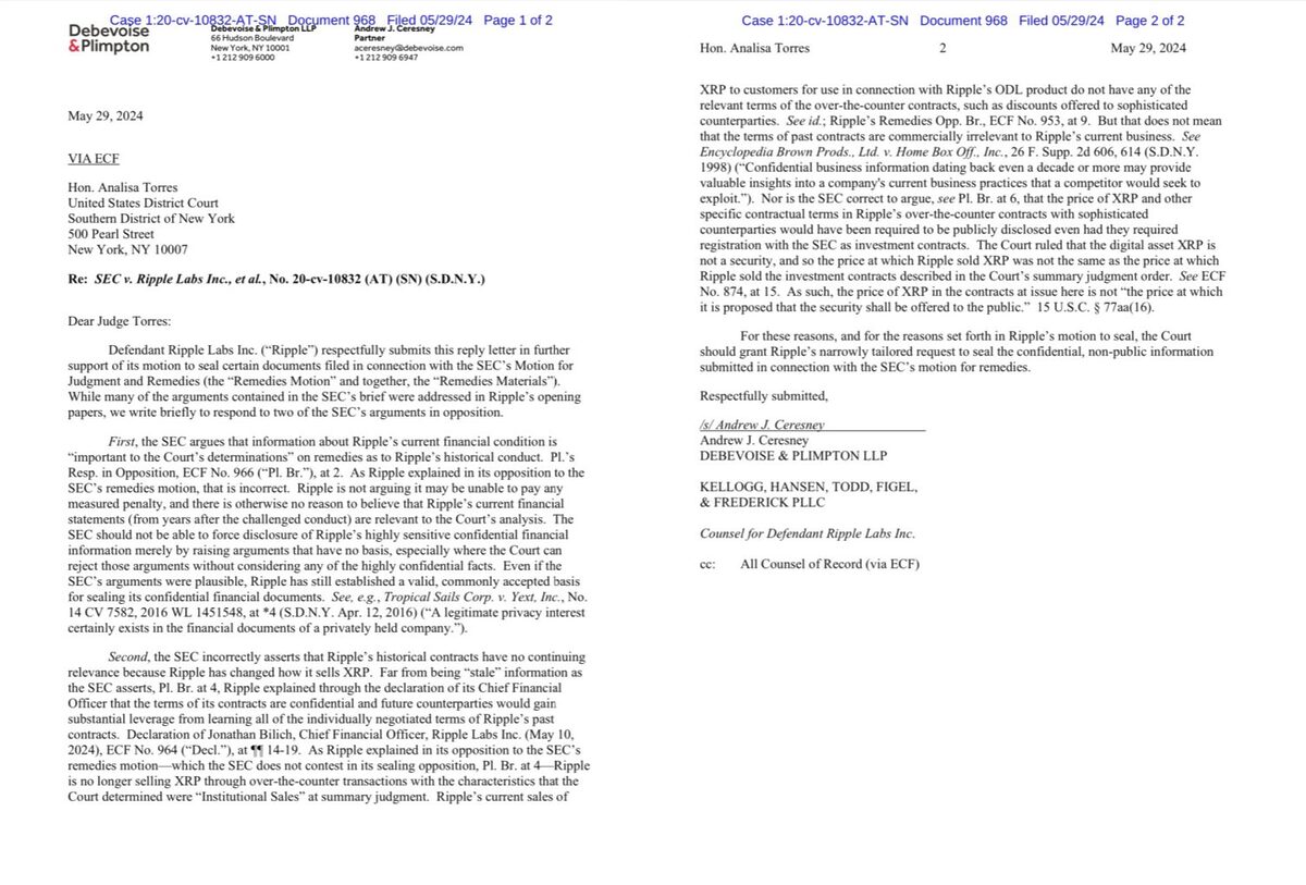 Ripple’s Response in Support of Motion. Source: CourtListener