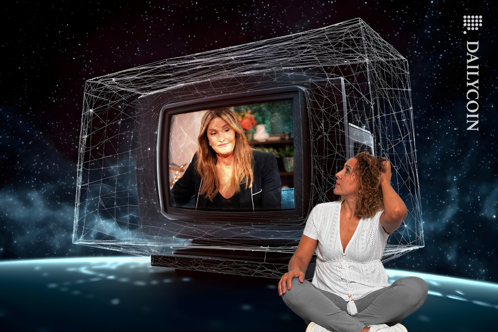 Woman watching Caitlyn Jenner on a DEFI television, scratching her head.