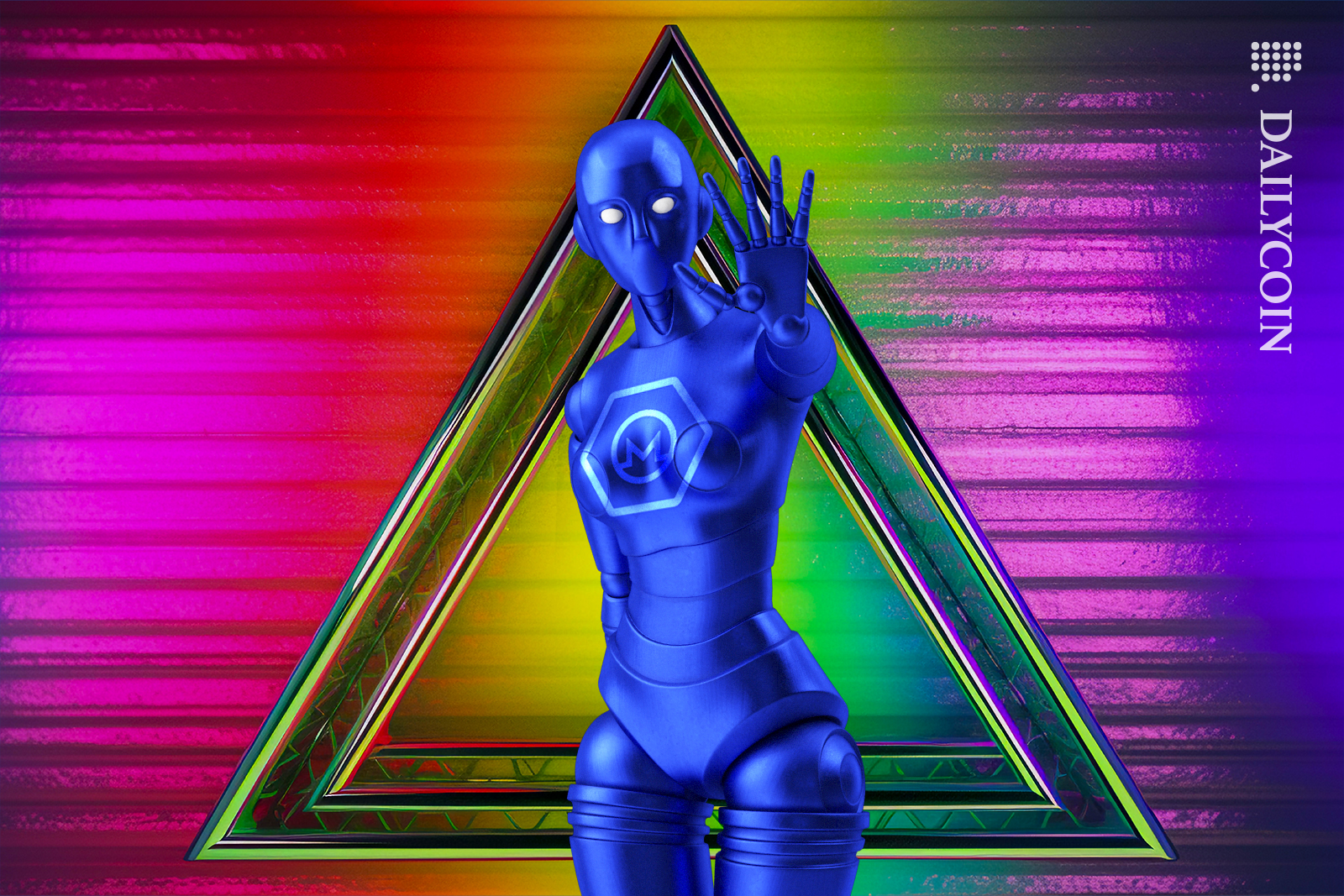 Monero Local robot lady giving you the ''do not enter'' hand gesture next to a warning sign.