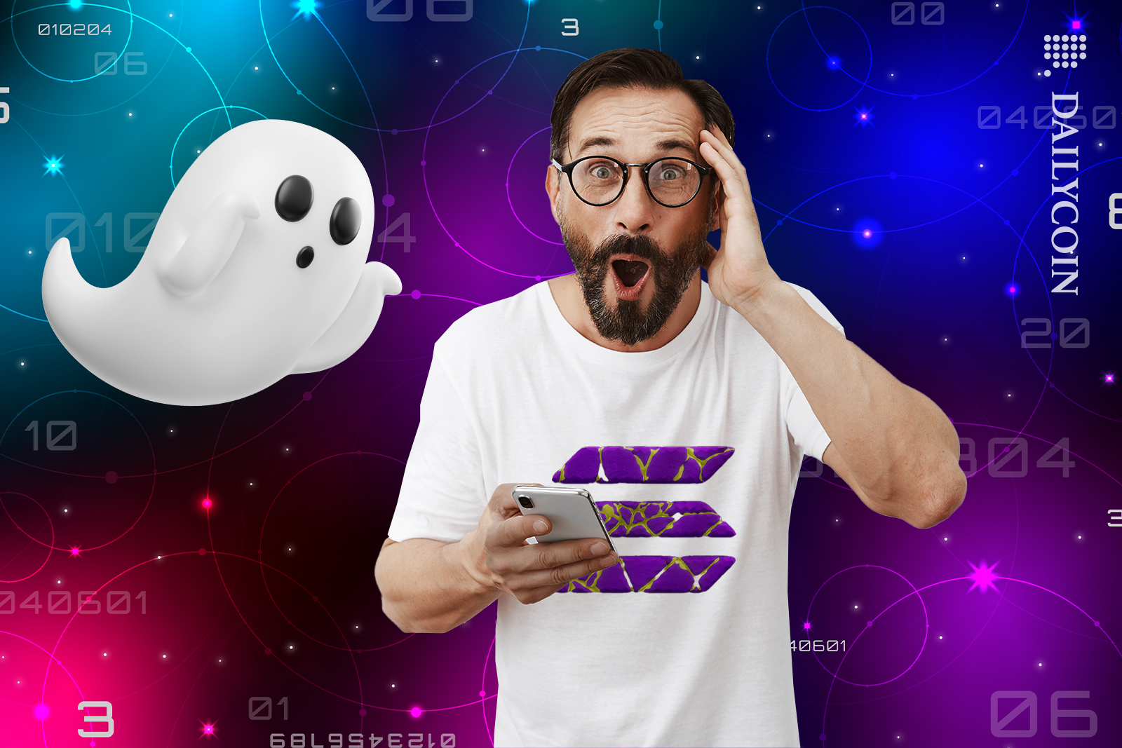 Guy and phantom wallet ghost character surprised by the mobile number results. Man is wearing a Solana t-shirt.