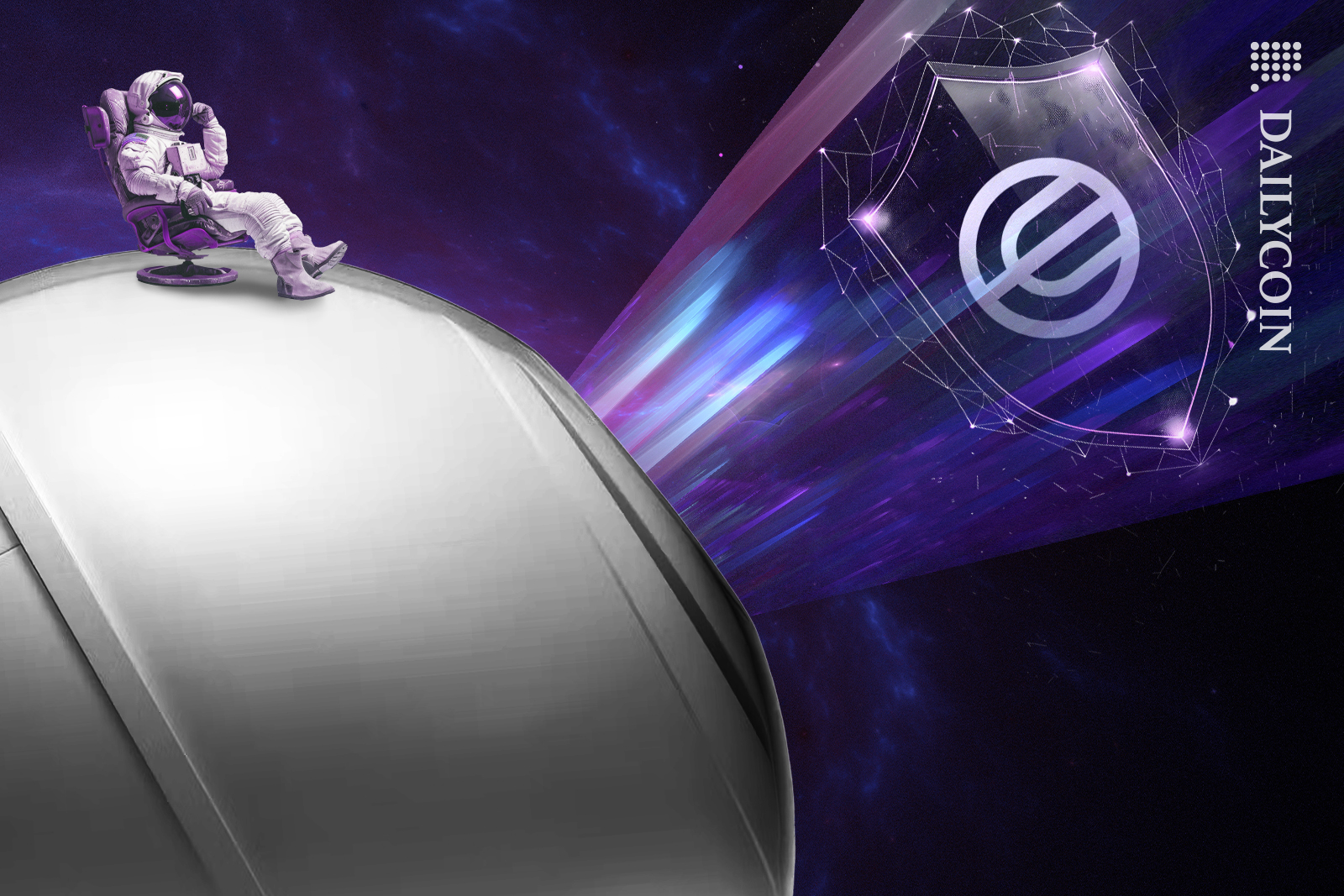 Spaceman looking after the security protection of worldcoin (WLD), sitting on a free crypto orb.