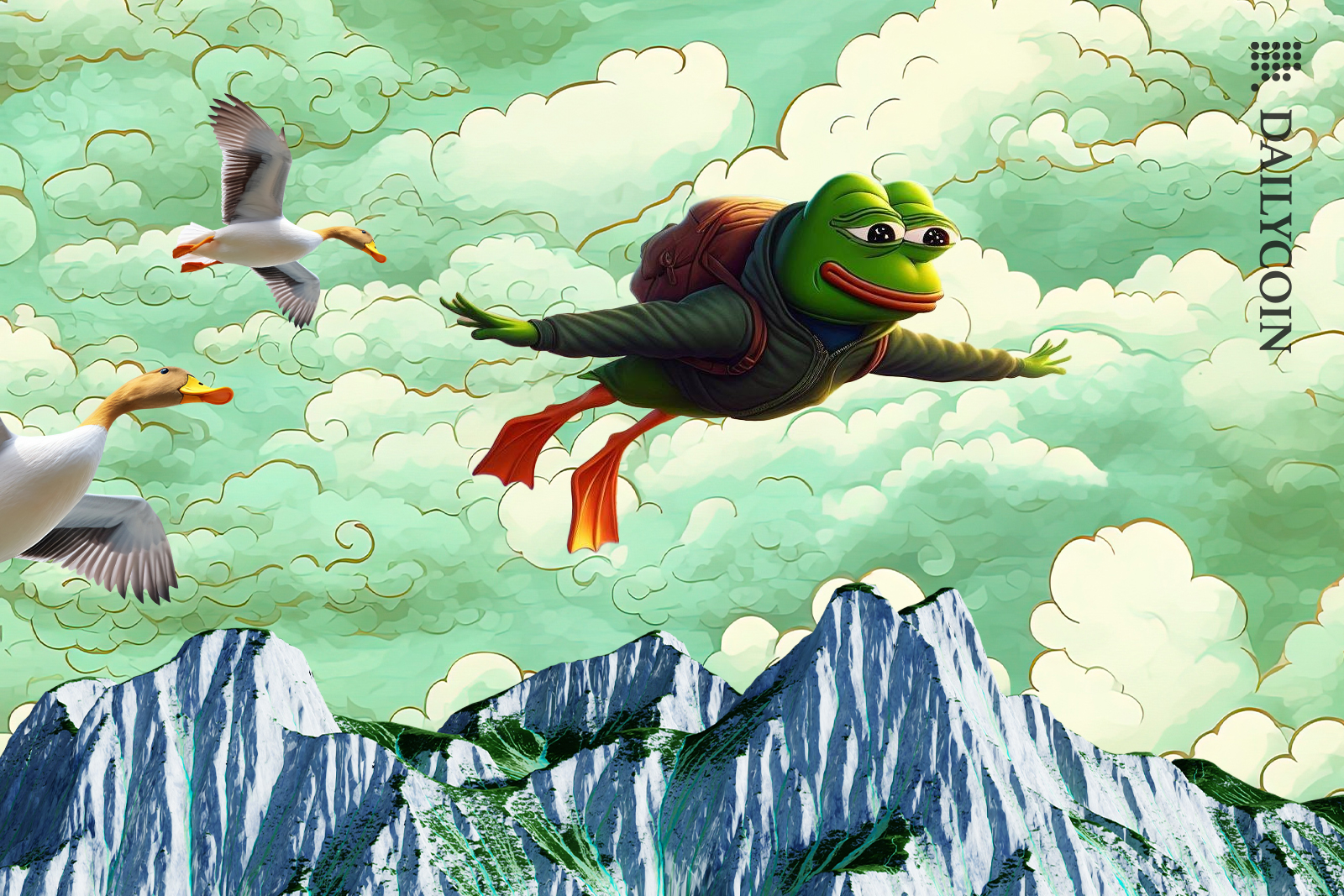 PEPE token mascot soaring through the air above mountain peaks.