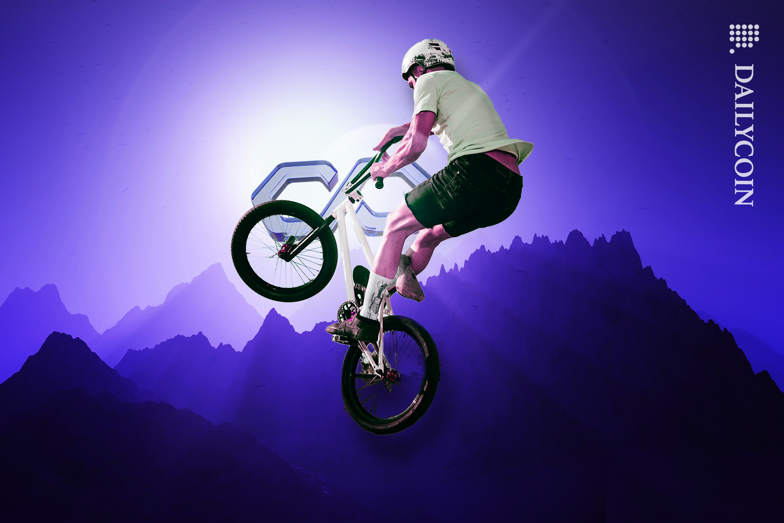 Guy on a bike riding on massive mountains towards Polygon (MATIC).