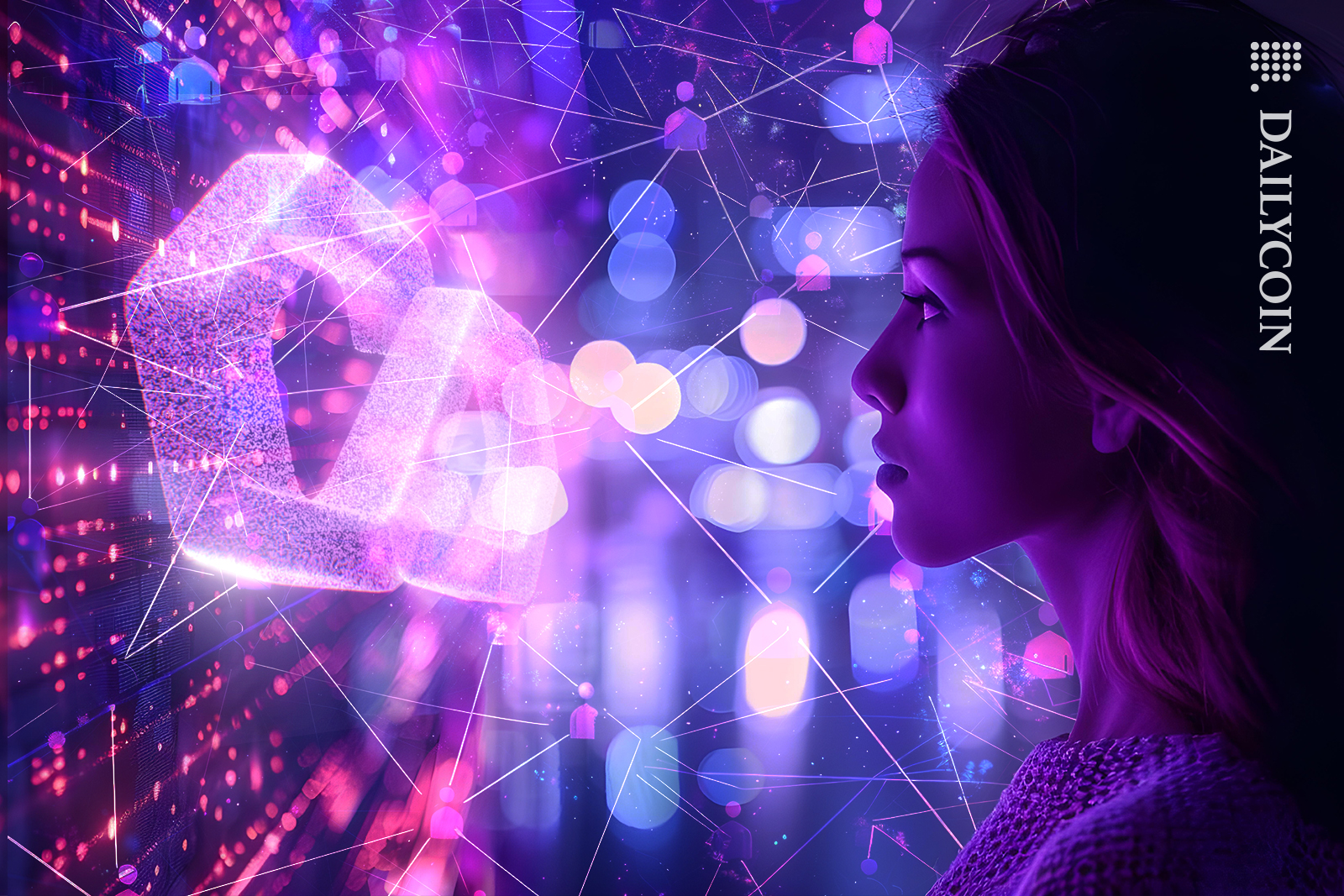 Woman sees a lot of users on digital space of Polygon.