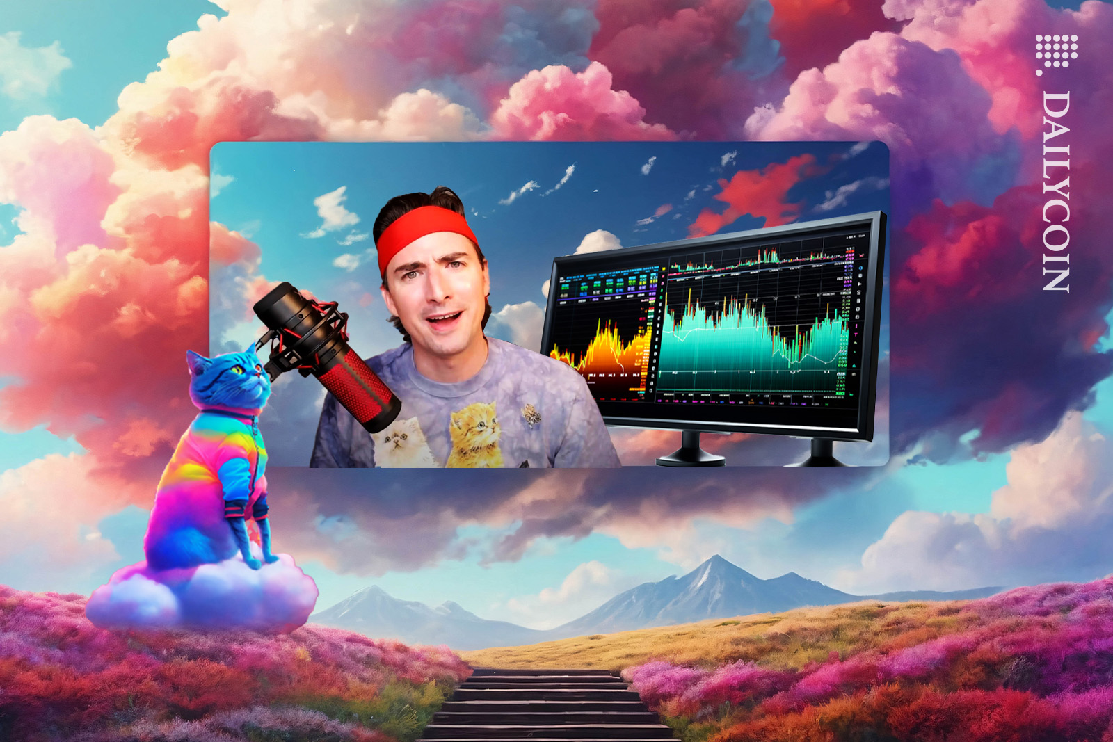 Floating screen in a magical land showing a cat watching the ''roaring kitty'' channel.
