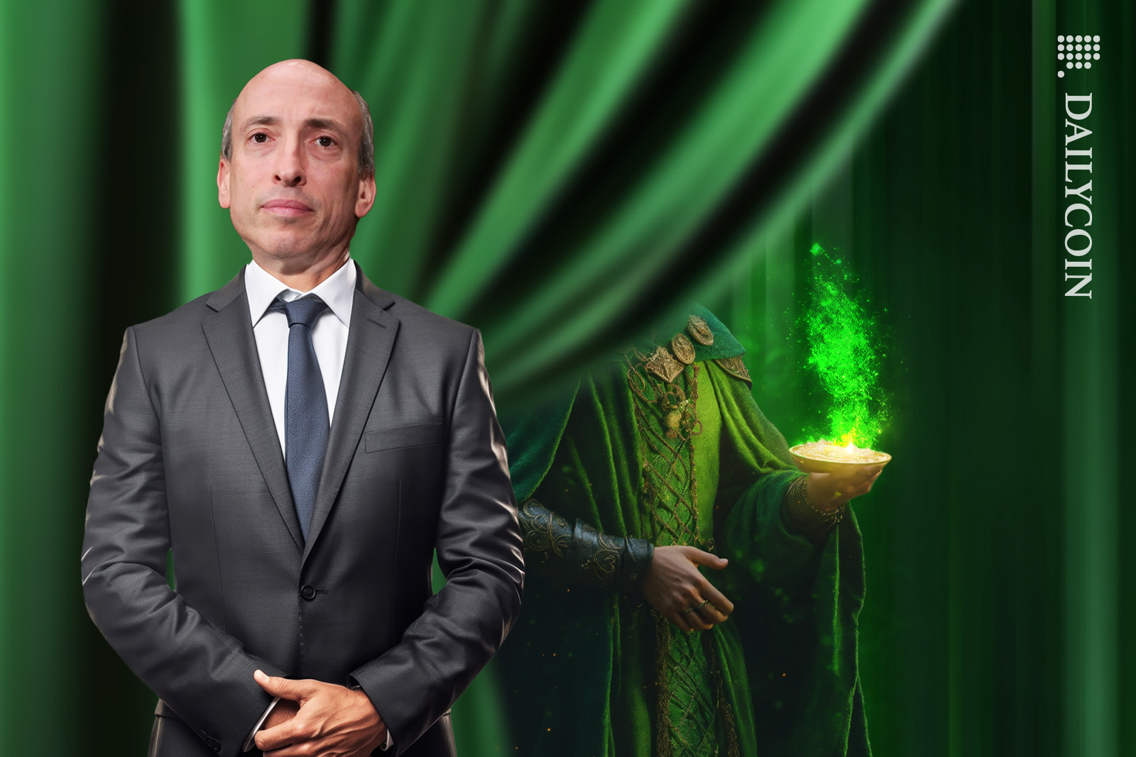 Gary Gensler revealing a green medieval character using magic.