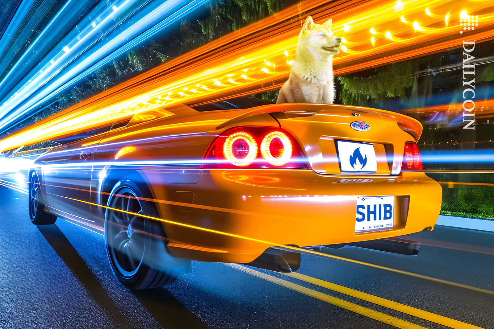 Shiba inu enjoying a fast ride on his shib burn car.