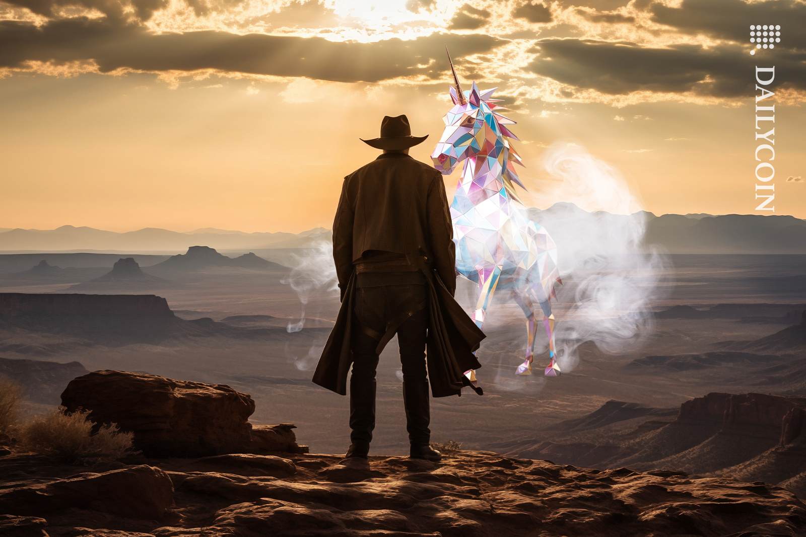 Cowboy looking at the DeFI unicorn ready for showdown.