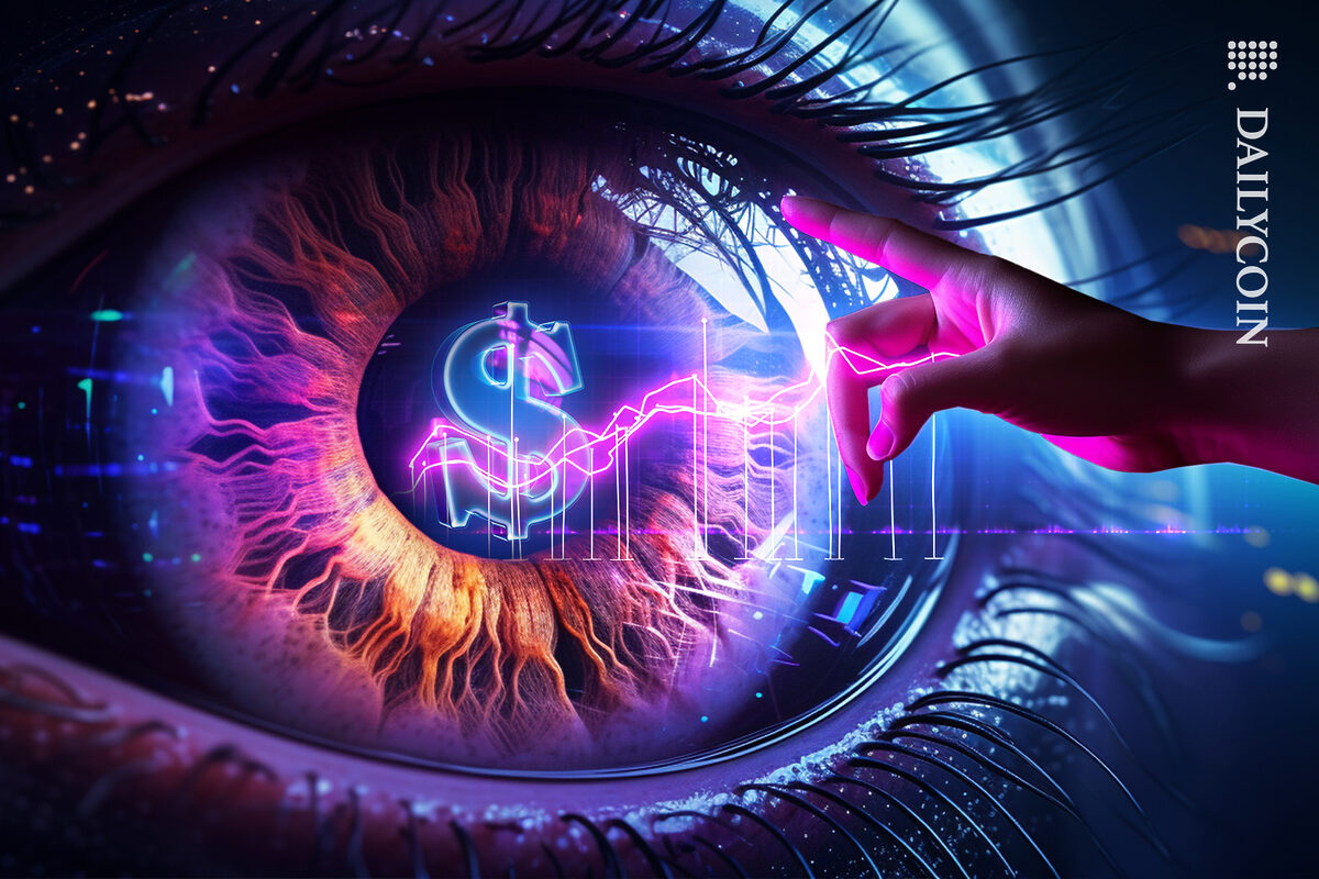 Finger pointing towards a huge stablecoin eye.