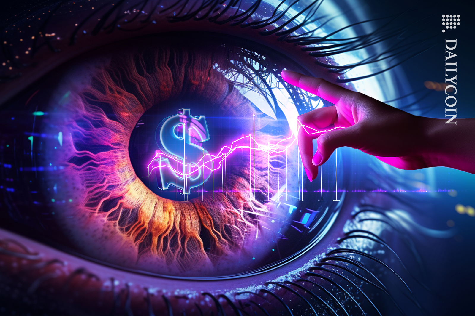 Finger pointing towards a huge stablecoin eye.