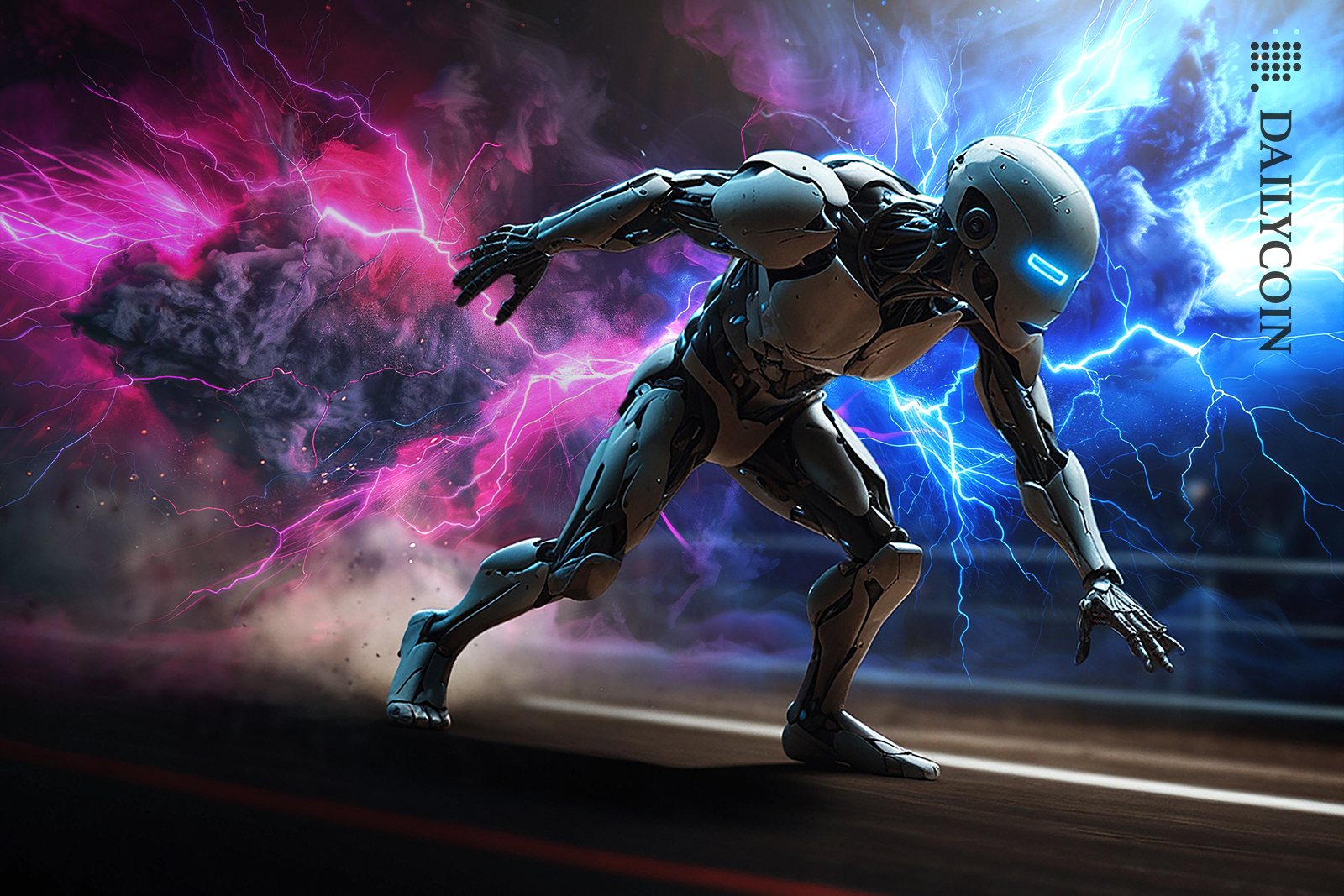 Robot is racing with power in the struggle of the wind.