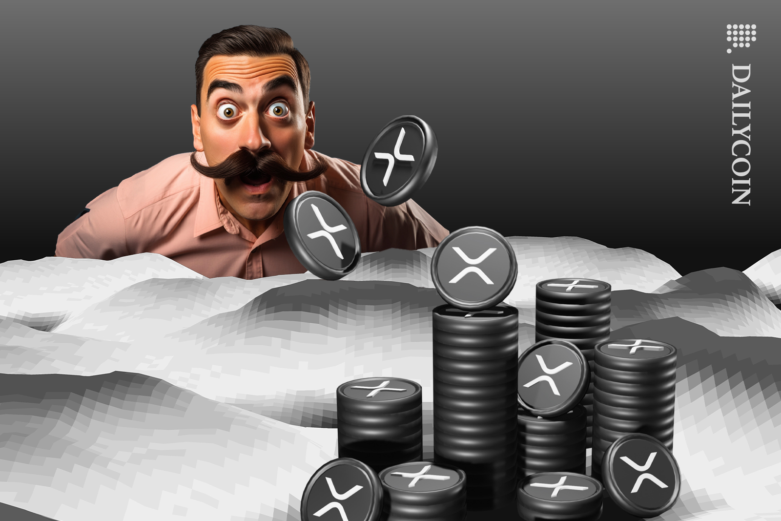 Man amazed with XRP coins rising up.