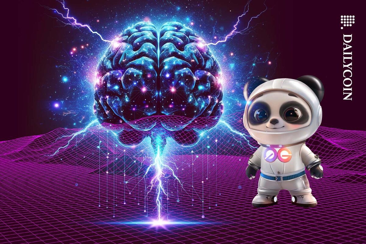 0G mascot looking at a digital AI brain hologram in a wireframe environment.