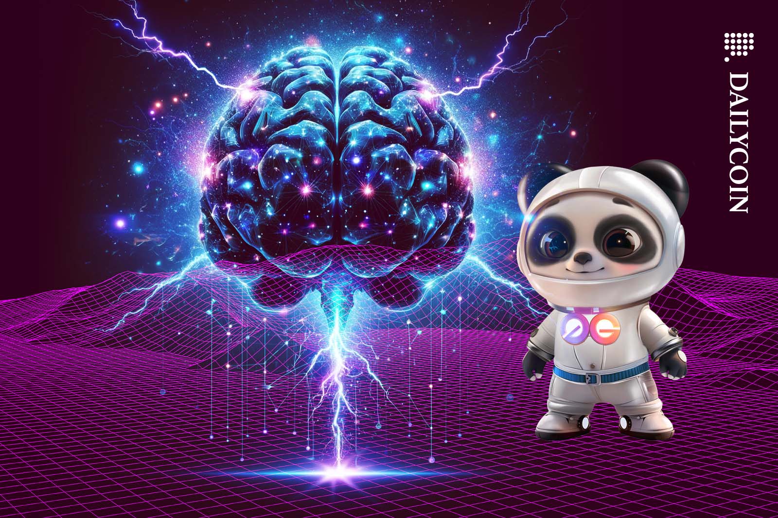 0G mascot looking at a digital AI brain hologram in a wireframe environment.
