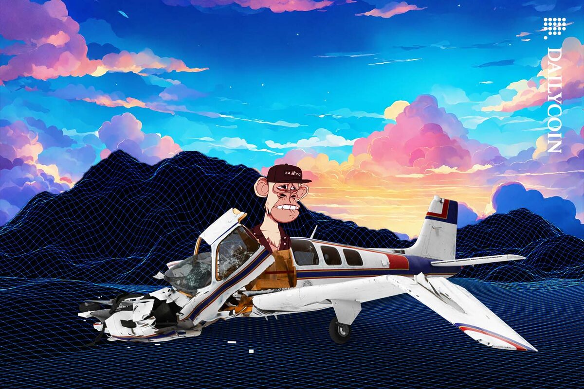 A Bored Ape Crashed a small aeroplane in a wireframe landscape.