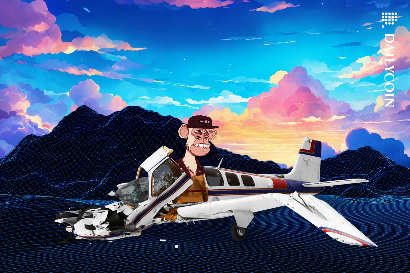 A Bored Ape Crashed a small aeroplane in a wireframe landscape.