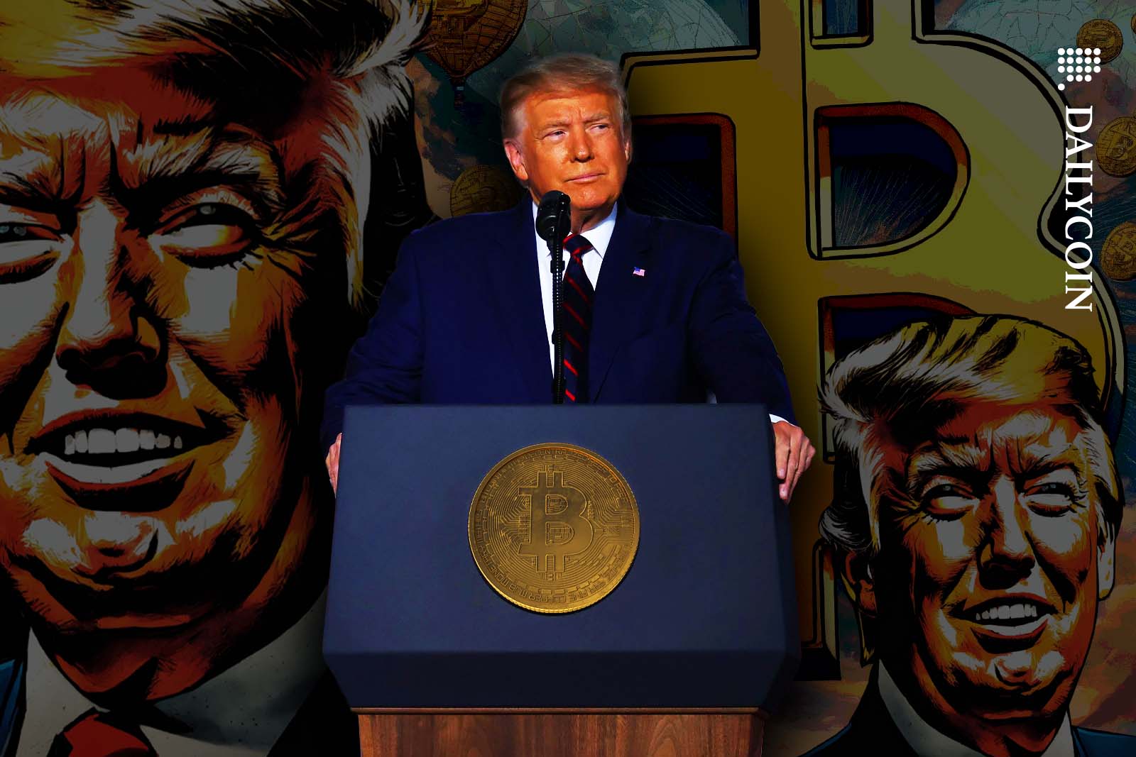 Donald Trump delivering a speach on a Bitcoin event.