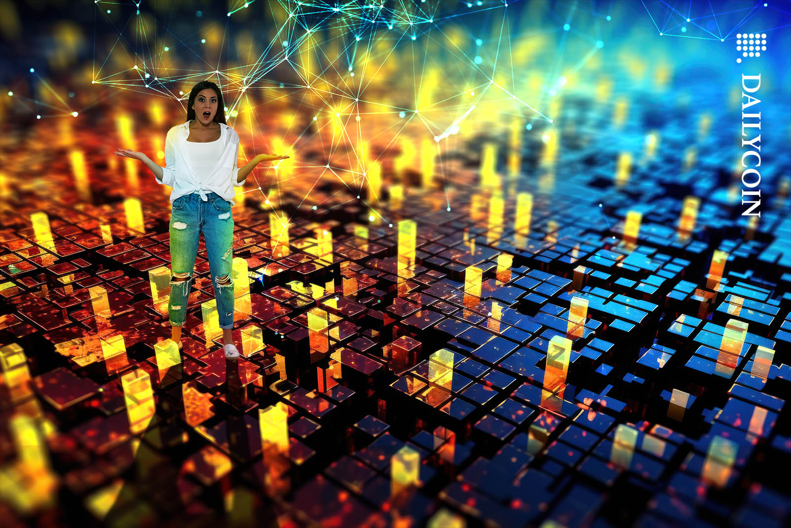 A confused woman in a digital blockchain environment.