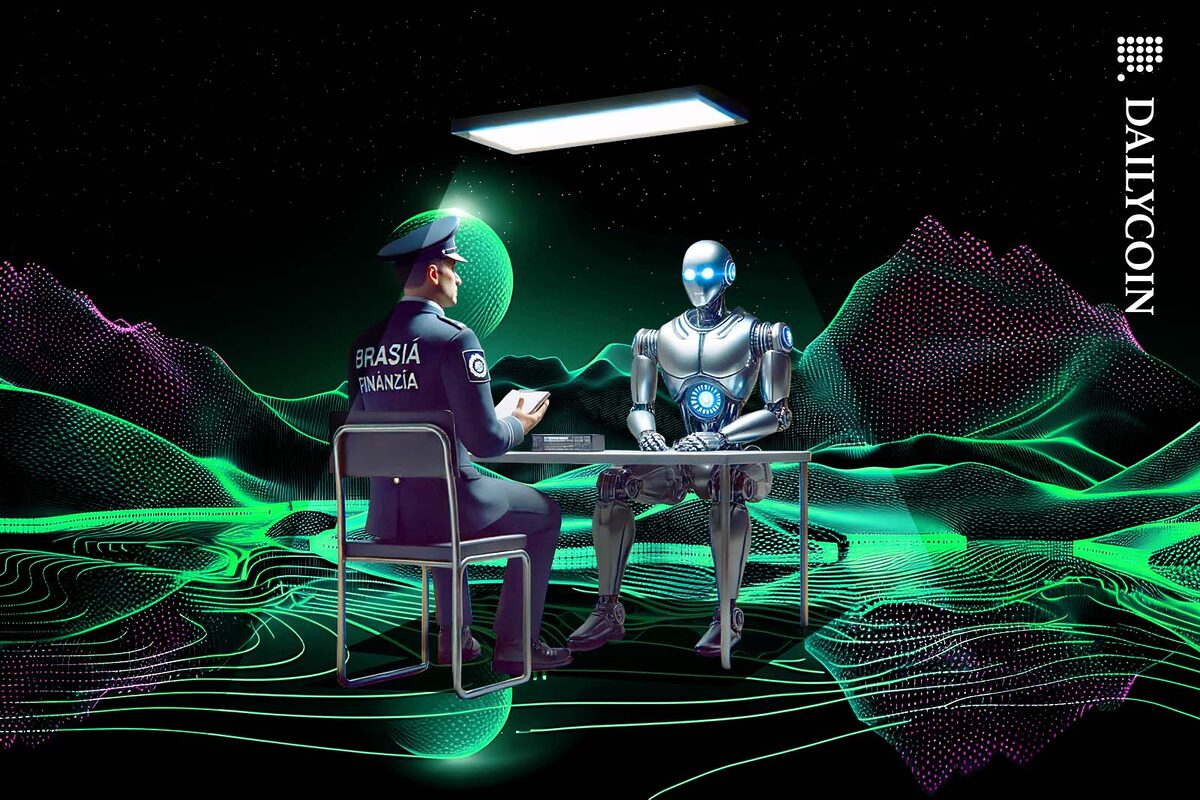 A Brazilian financial officer interogating a robot ina digital space.