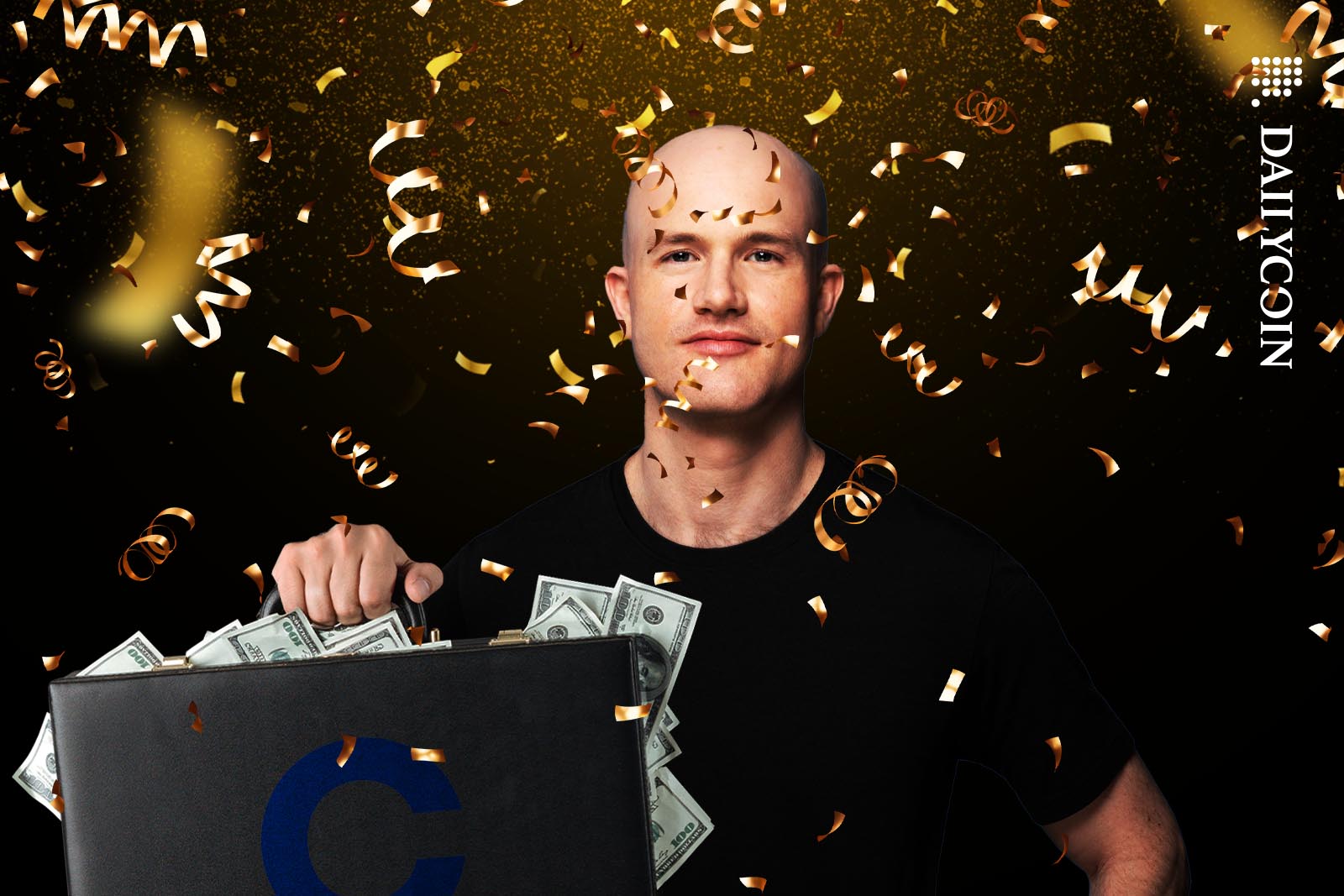 Brian Armstrong holding a briefcase of money surrounded by golden confetti.