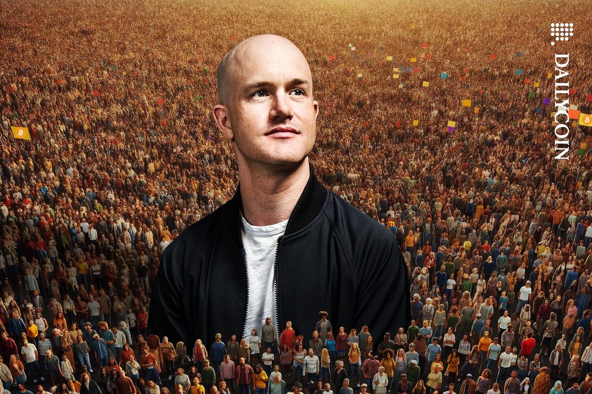 A giant Brian Armstrong of Coinbase towering over a huge crowd of small people.