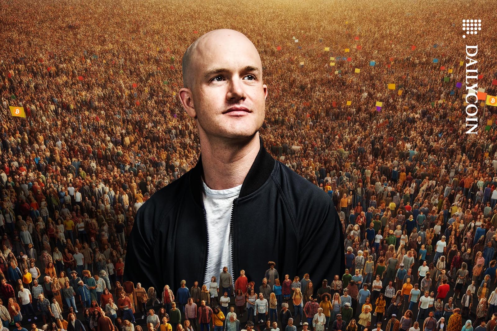 A giant Brian Armstrong of Coinbase towering over a huge crowd of small people.