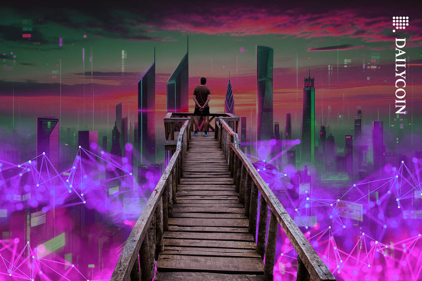 A man on a bridge looking over a modern futuristic metropolis where Ripple (XRP) & SWIFT meet.