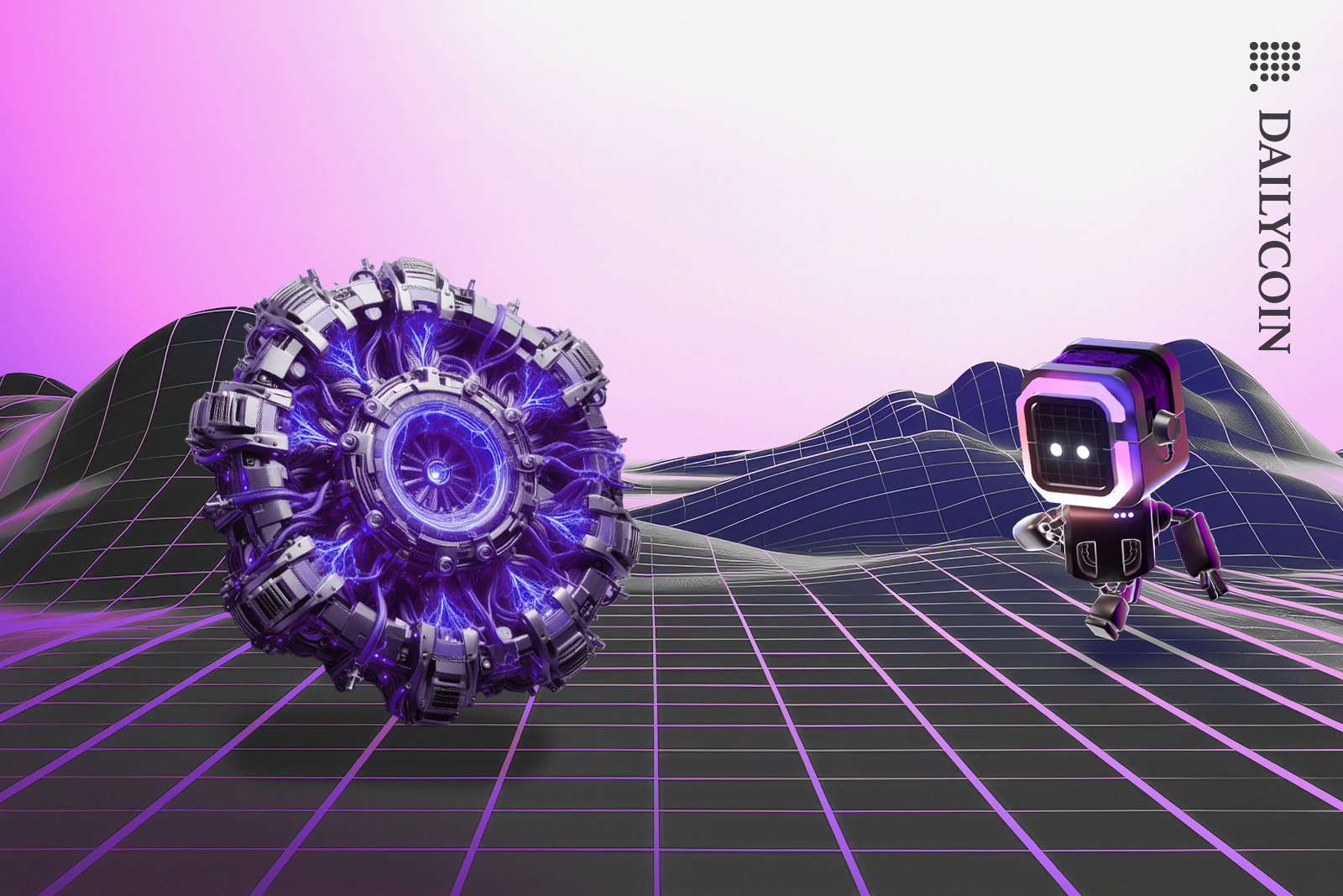 Little ChainGPT robot running towards a new blockchain machine on a digital land.
