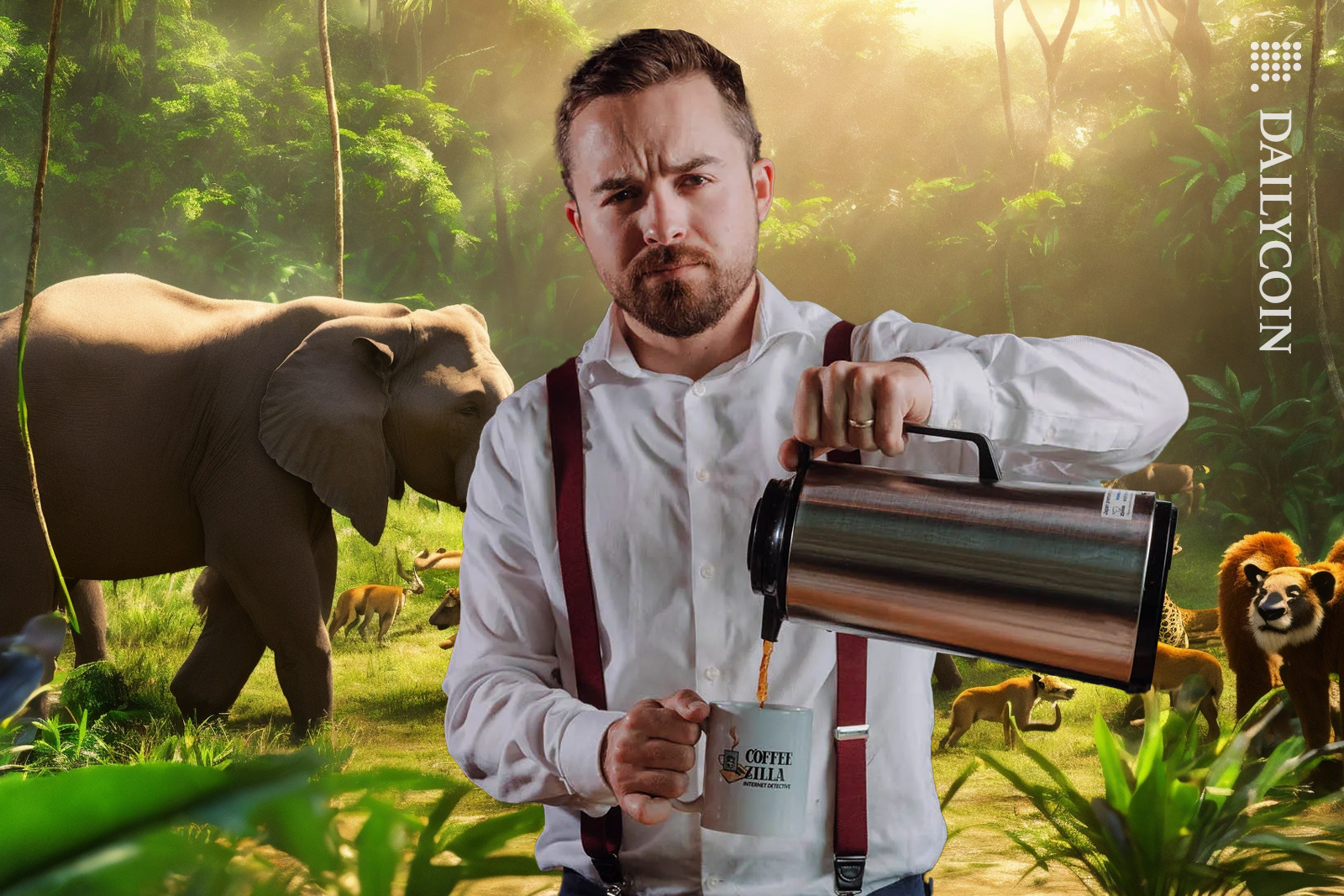 Coffeezilla making a coffee in the zoo.