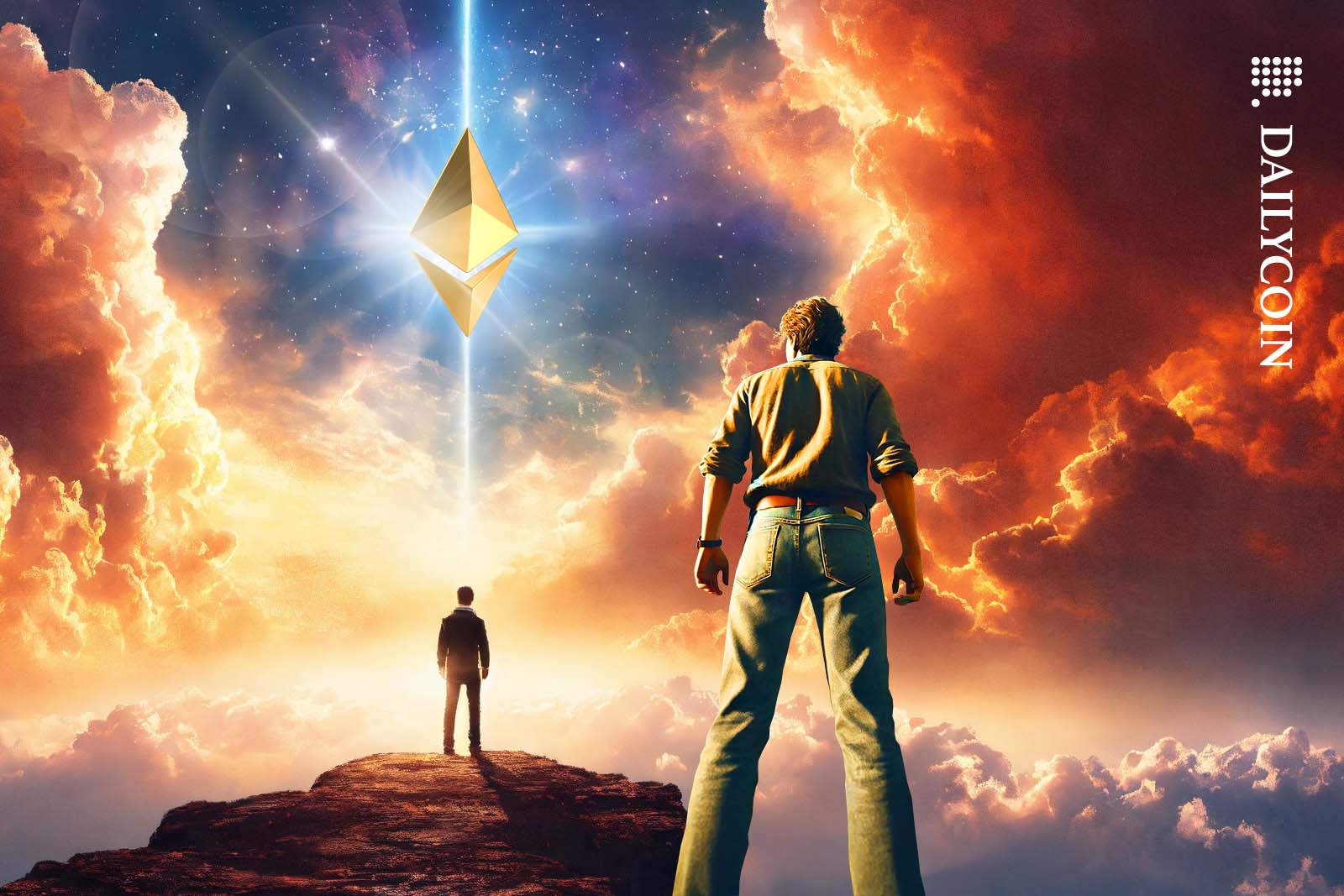 Two men staring at a Ethereum logo on the sky.