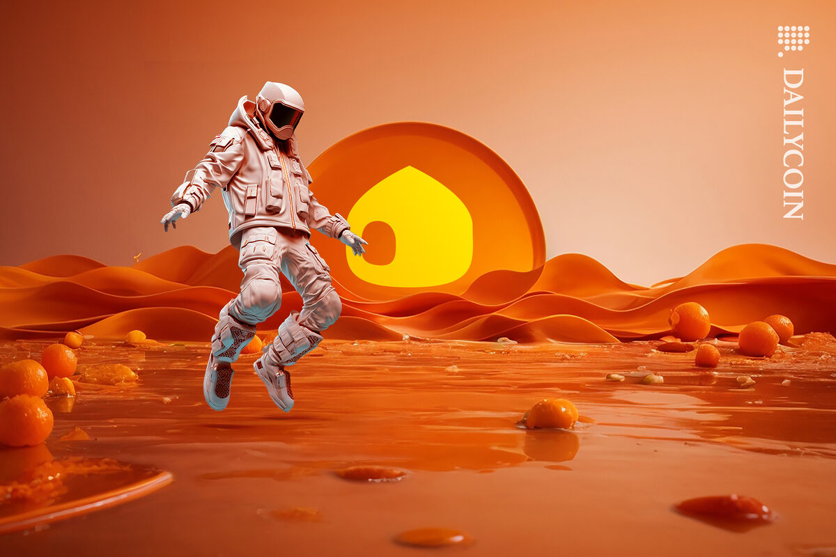 Guy floating on FreeBnk Token land.