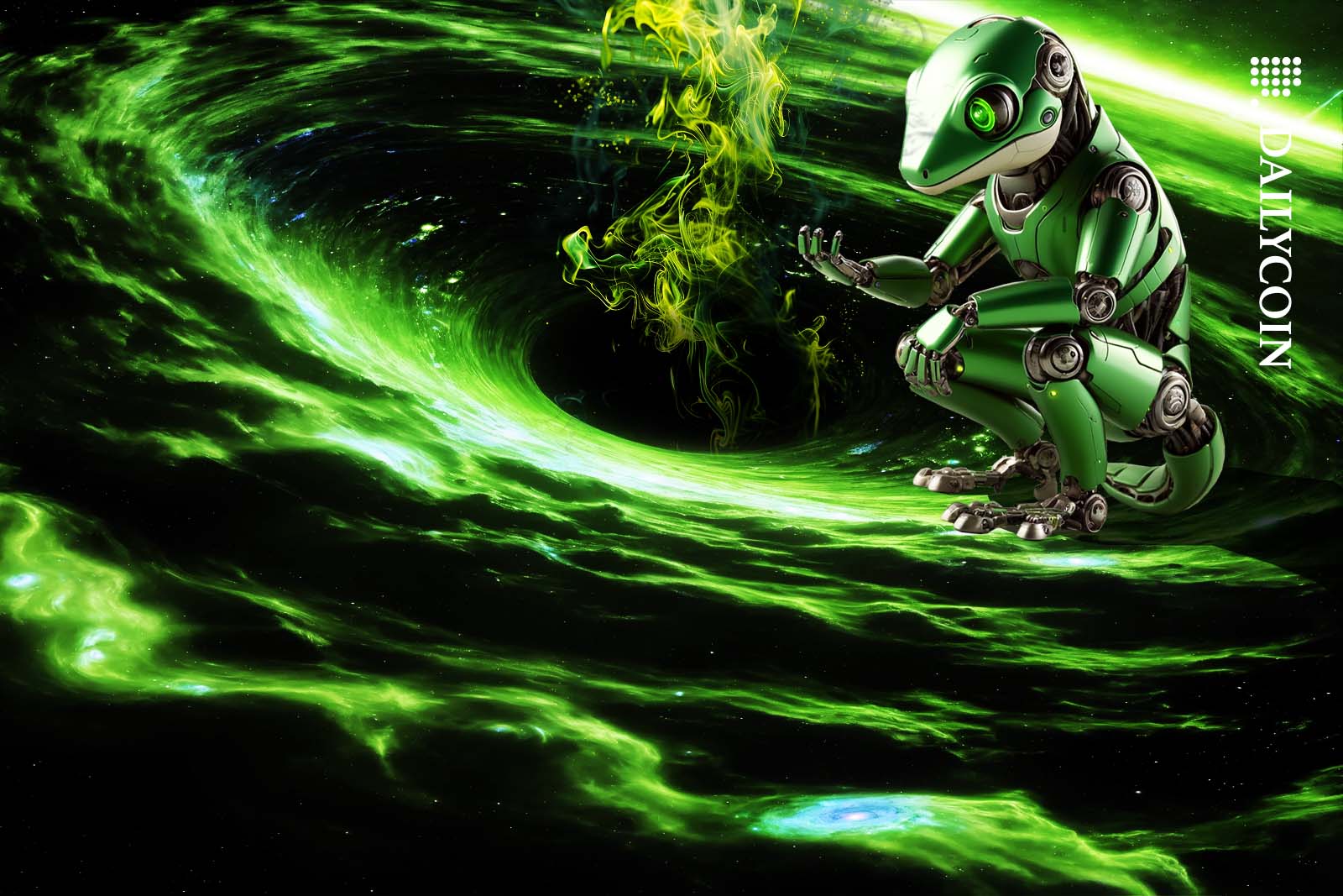 A green robot gecko examining a blackhole with green smoke coming out of it.