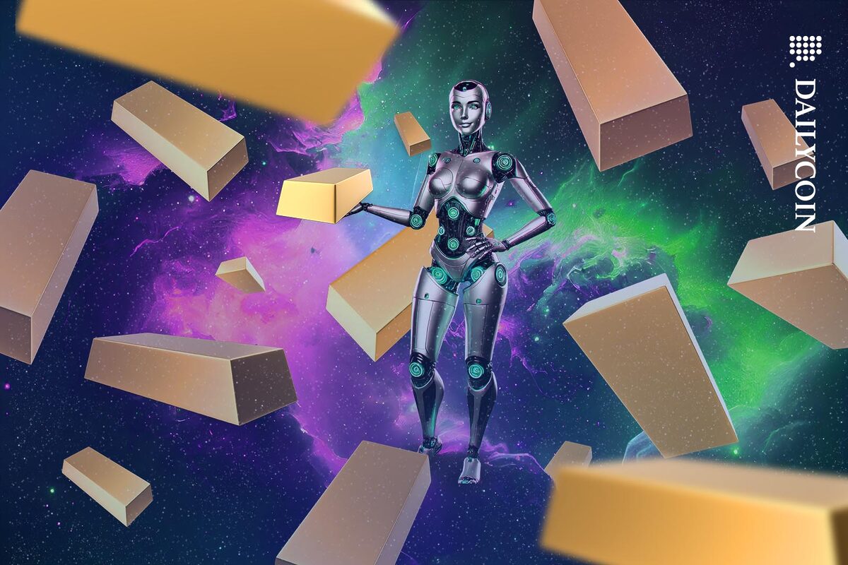 Tether robot with many gold bars floating around it.