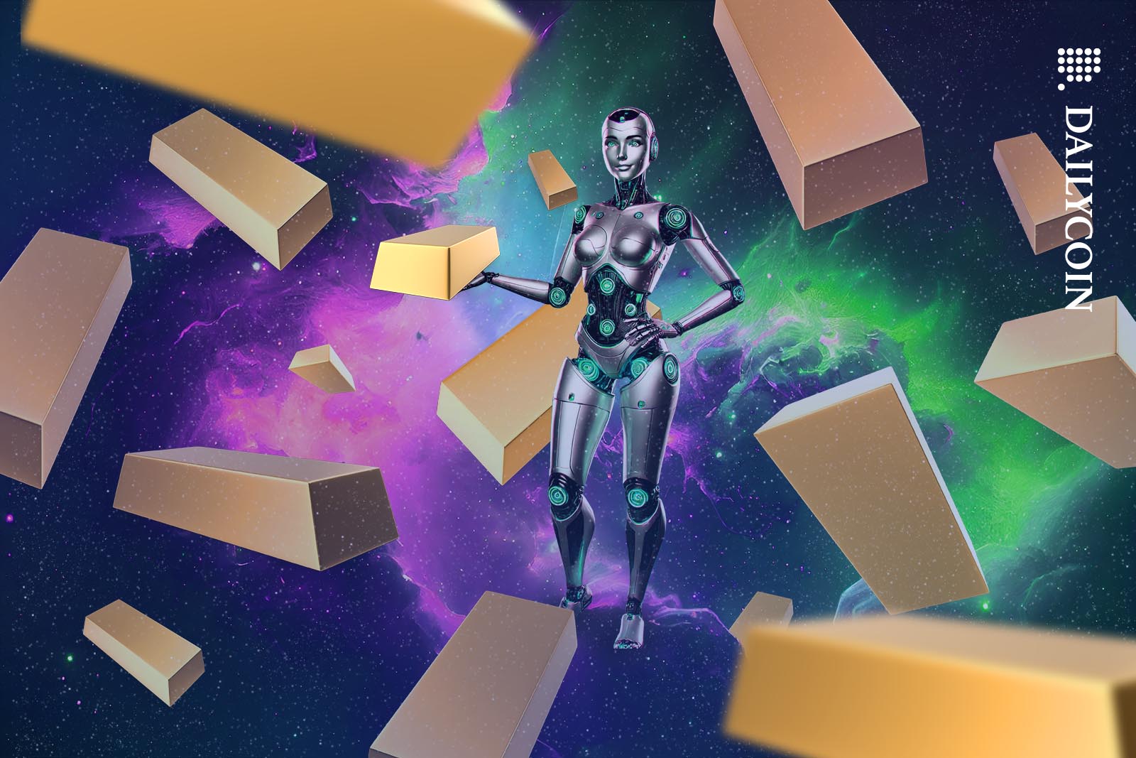 Tether robot with many gold bars floating around it.