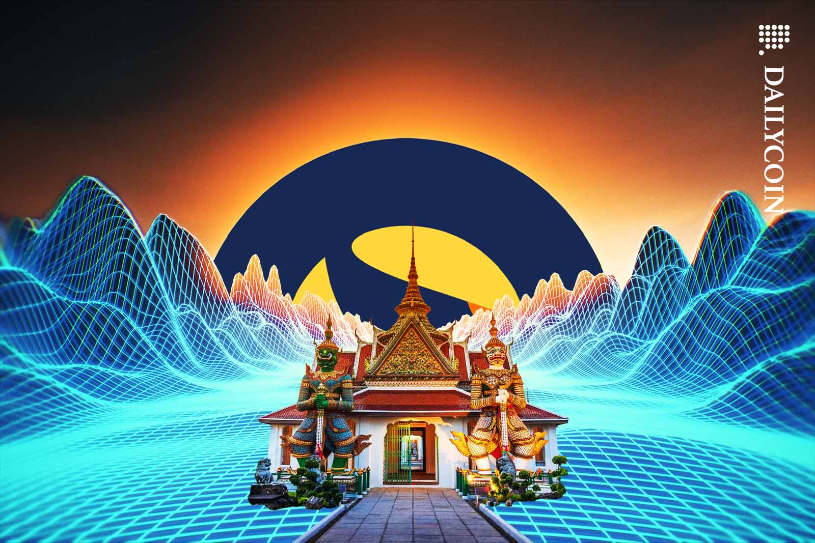 A Thai temple with a LUNC coin rising over the horizon.