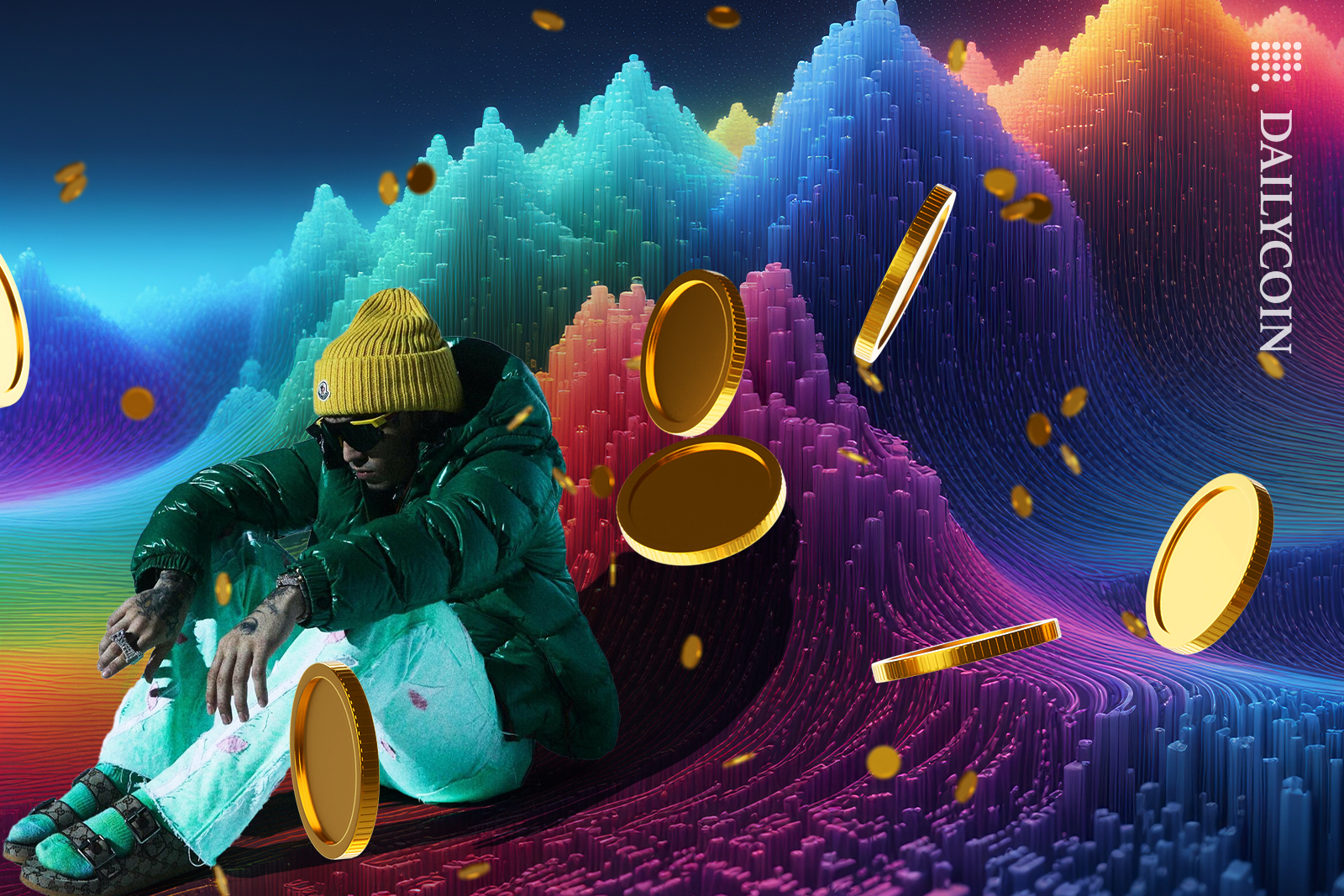Rapper Lil Pump sitting on digital land with coins falling on him.