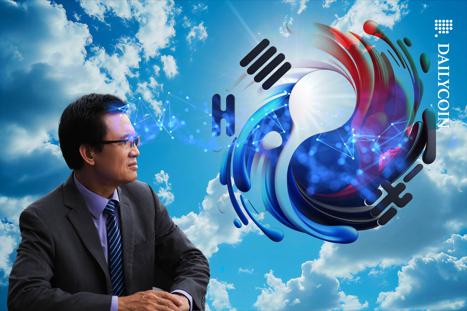 Korean man in suit looking at a Lorean flag looking abstract shape in the sky