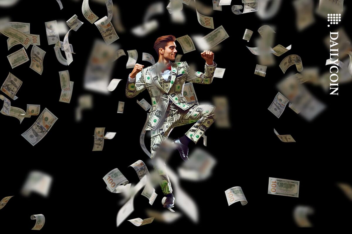 A man dancing in a money rain in a money suit.