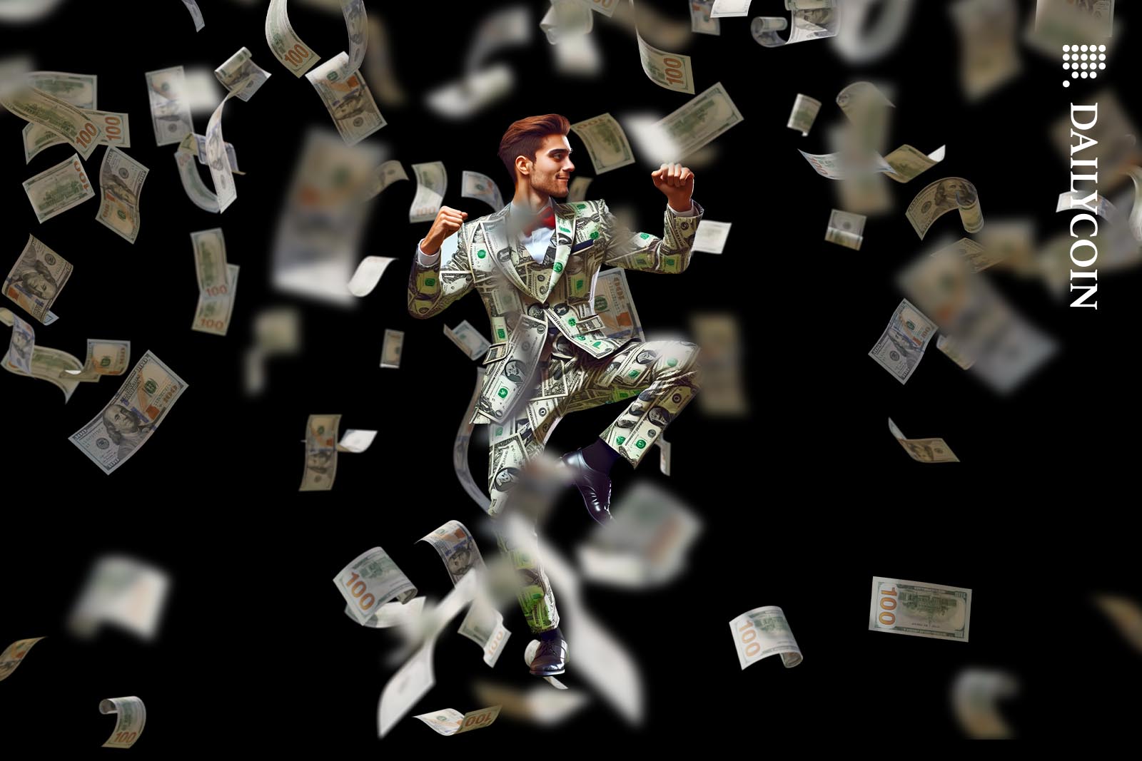 A man dancing in a money rain in a money suit.
