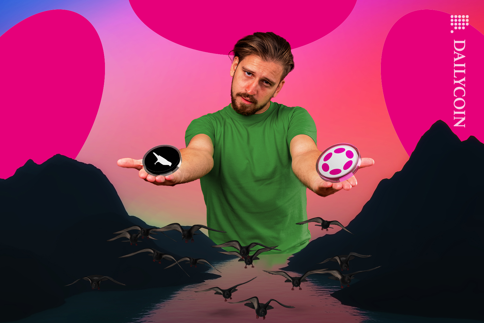 Guy holding Polkadot and Kusama coins doesnt know which one to pick.