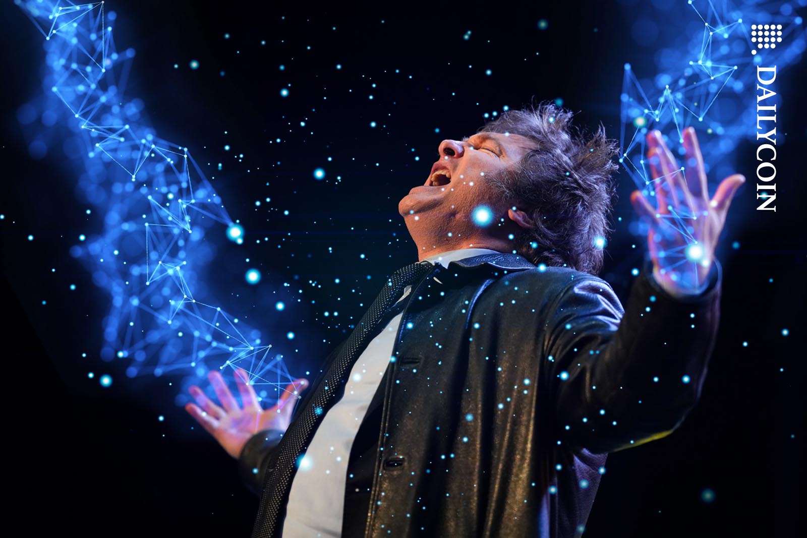 President Javier Milei in extasy, transmitting energy waves from his arms.