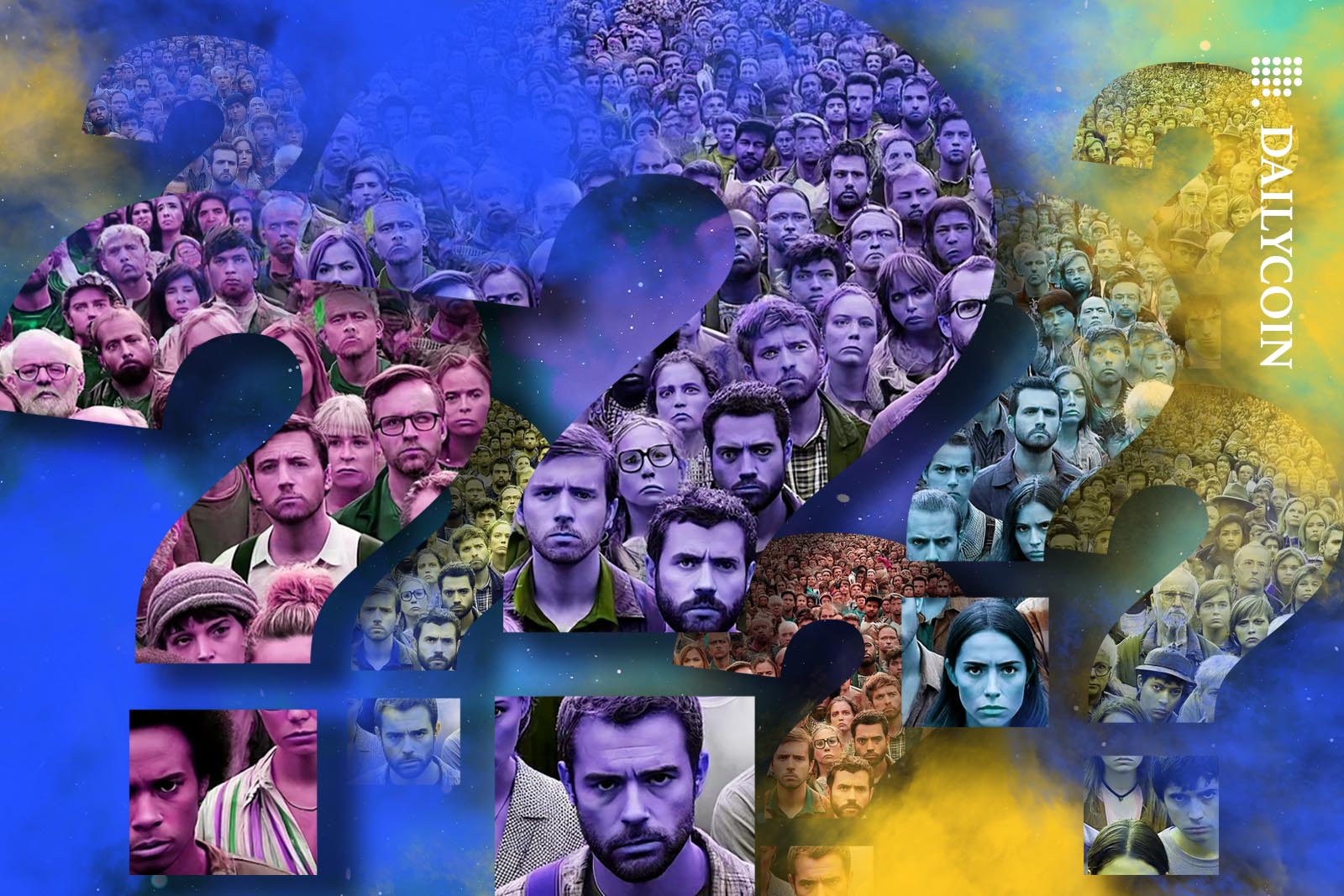 Lots of question marks filled with upset faces surrounded by blue and yellow smoke.