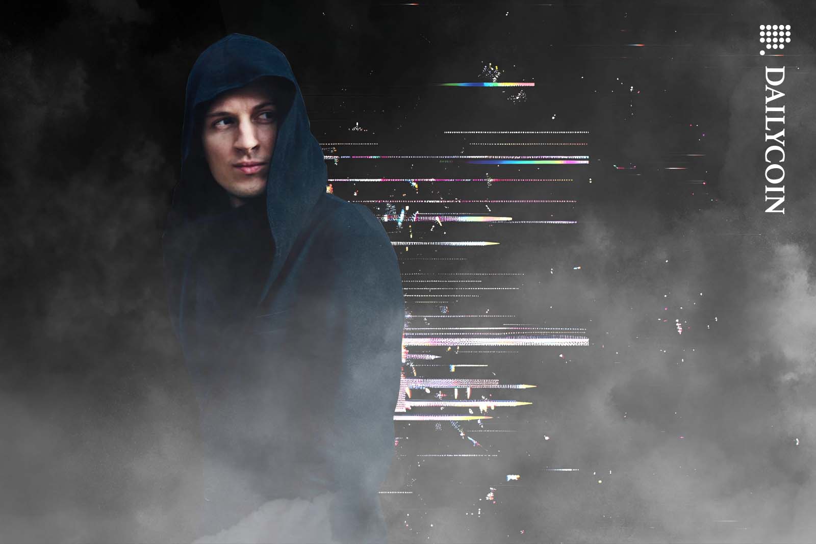 Pavel Durov smiling in a dark hoodie with digital glitch behind him.