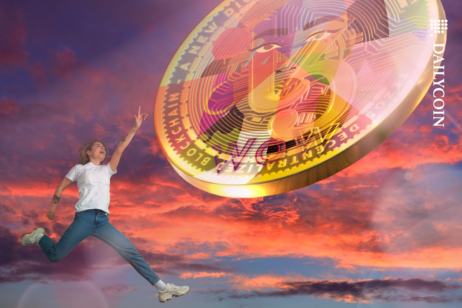 A woman jumping towards a Tesos/WoW coin in the sky.