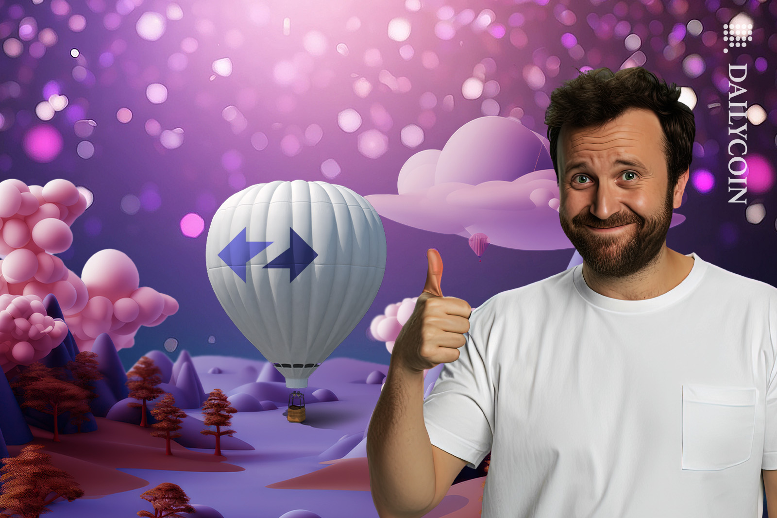 Man showing thumbs up to the ZKsync air balloon about to fly.