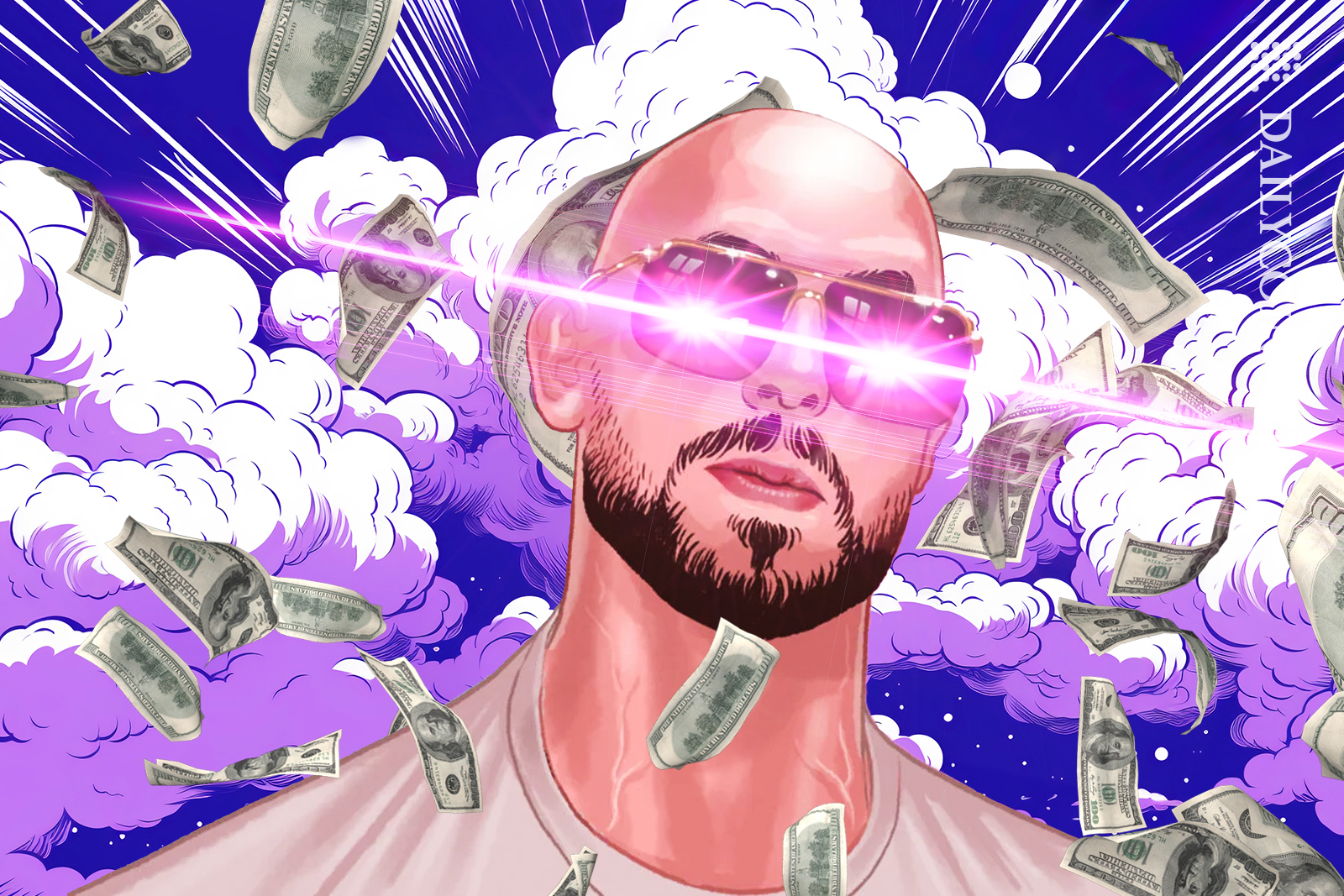 Andrew Tate in the style of his token with beaming eyes.