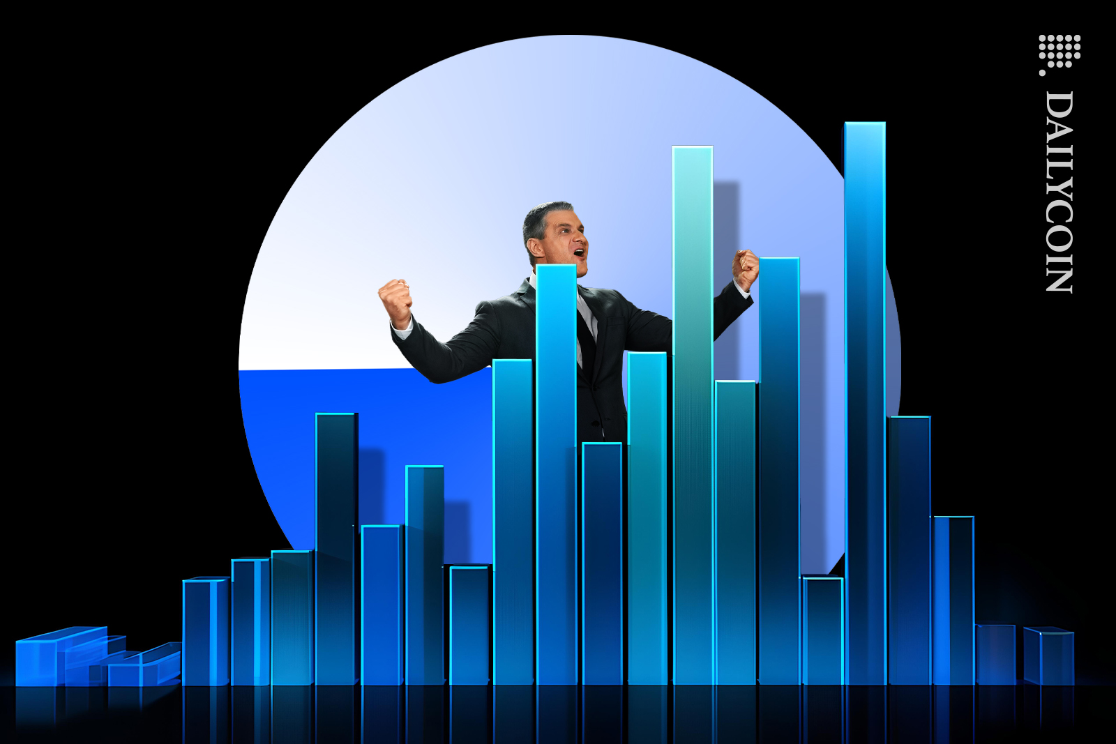 Businessman celebrating Coinbase's BASE results.