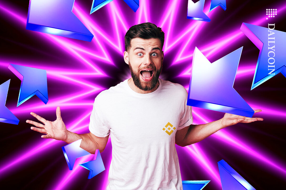 Guy with a ''surprise' face wearing a binance t-shirt and ZK Tokens.